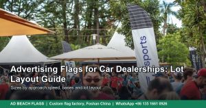 Advertising flags standing in a row along an open site