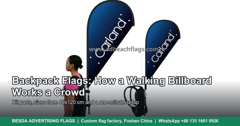 Promoter wearing a waterdrop backpack flag with custom printing