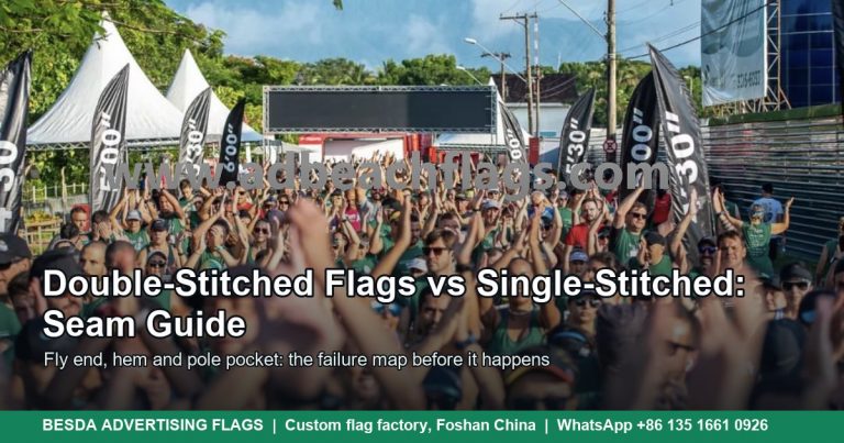 Custom feather flags with stitched hems lining a sporting event street