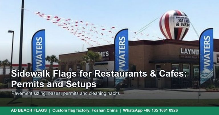Custom printed advertising flags standing outside a shopfront