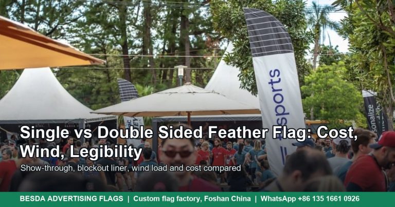 Custom advertising feather flags standing outdoors in wind